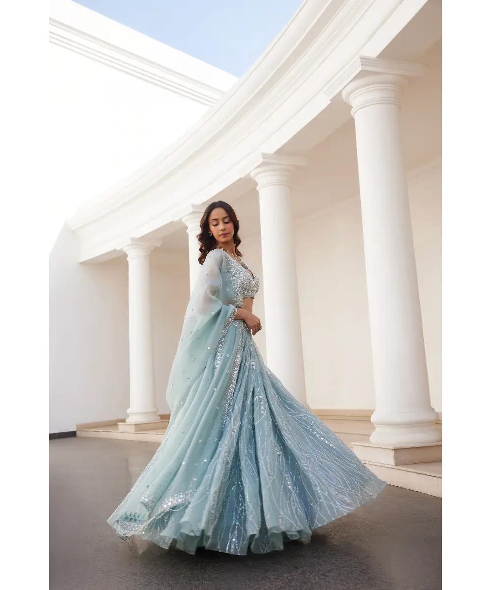 SANYA GULATI- Powder Blue Organza Lehenga and Blouse